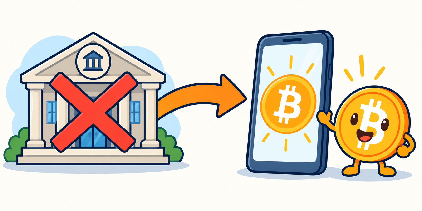 Crossed-out bank and a phone showing Bitcoin