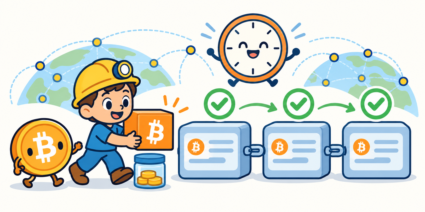 A miner carrying Bitcoin with a tip jar and a clock