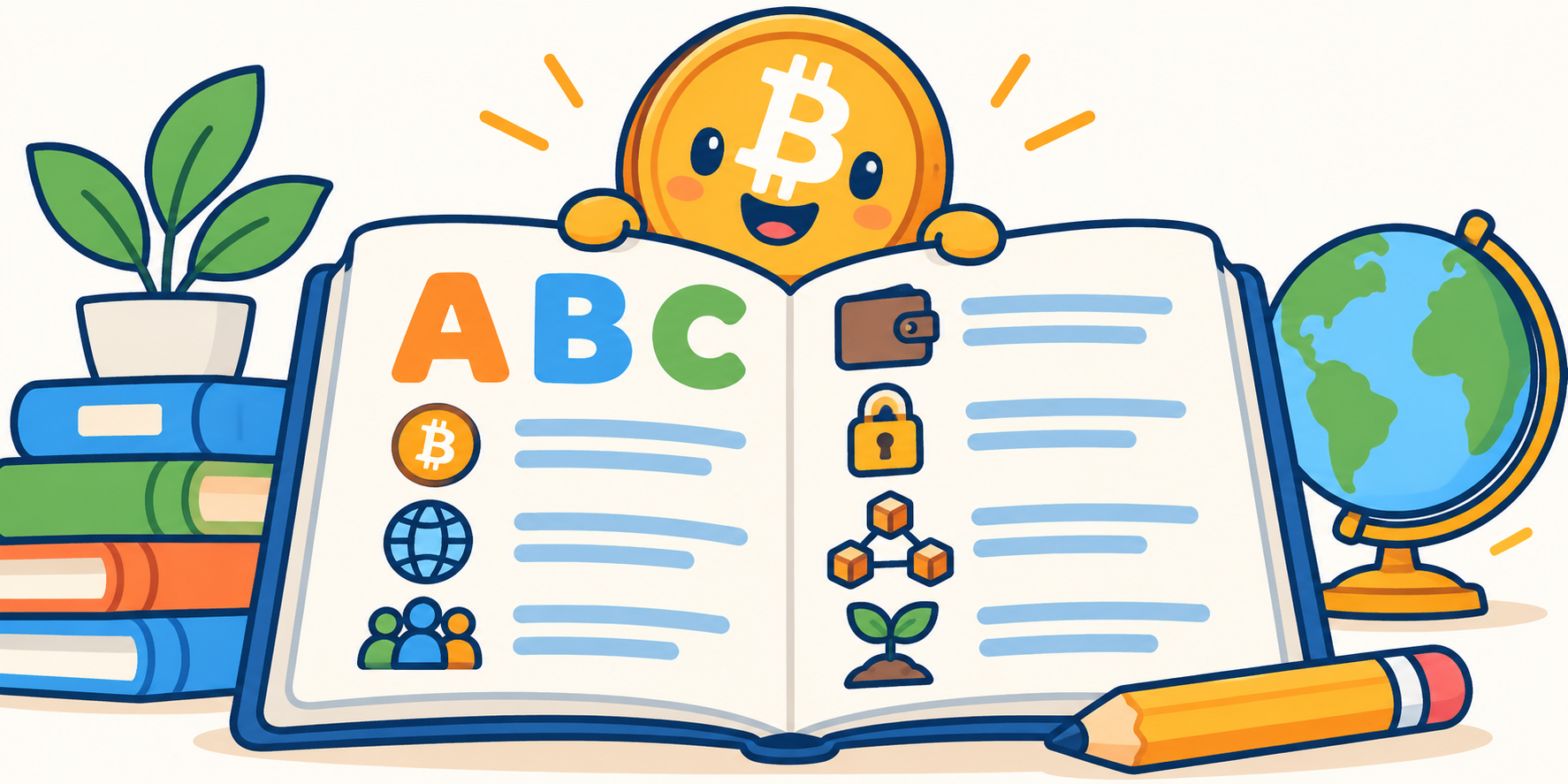 A friendly glossary book with a Bitcoin coin