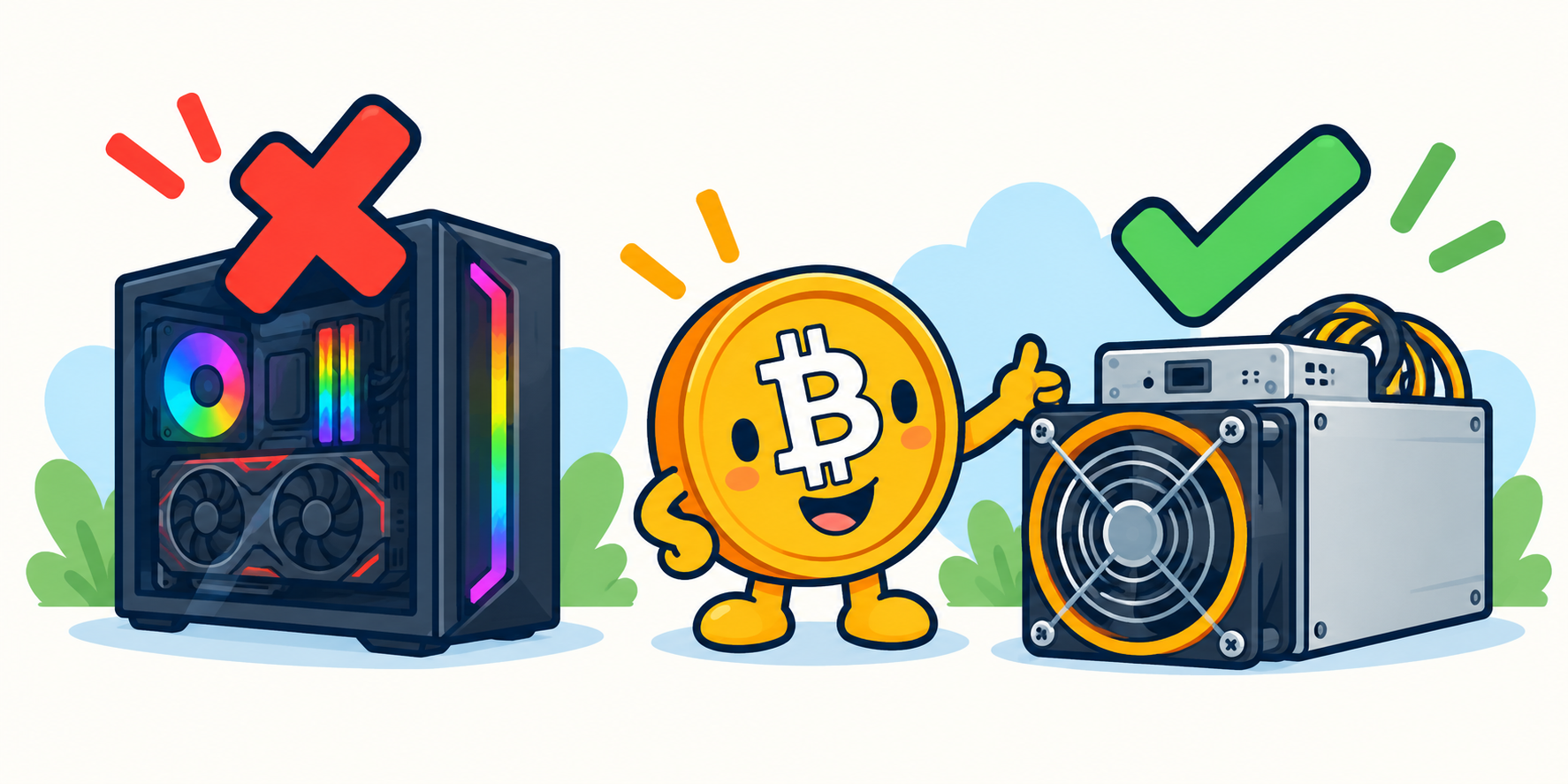 An ASIC miner box with a fan, next to a crossed-out gaming PC