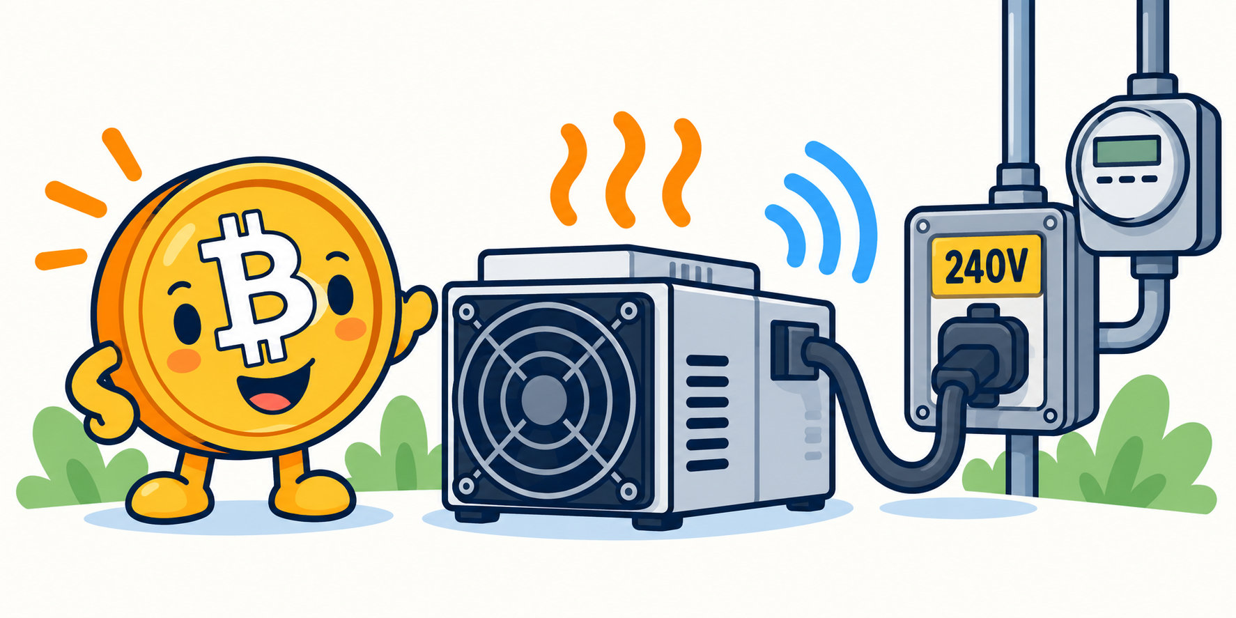 A miner plugged into a 240-volt outlet with a power meter and heat waves