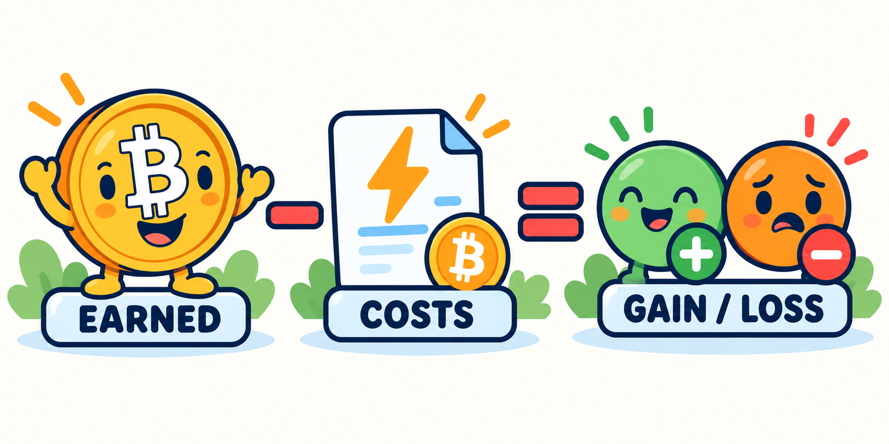 Daily Bitcoin earned minus electricity cost equals profit or loss