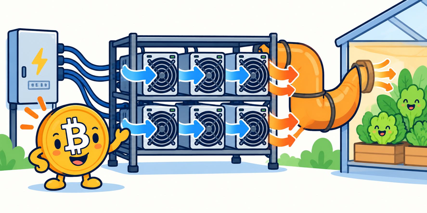 A rack of miners with big power feeds and ventilation, heat piped to a room