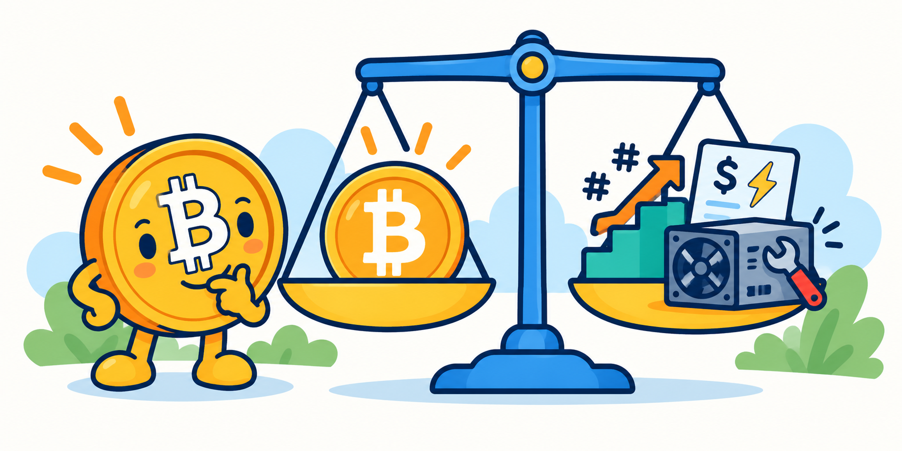 A balance scale weighing mining rewards against risks