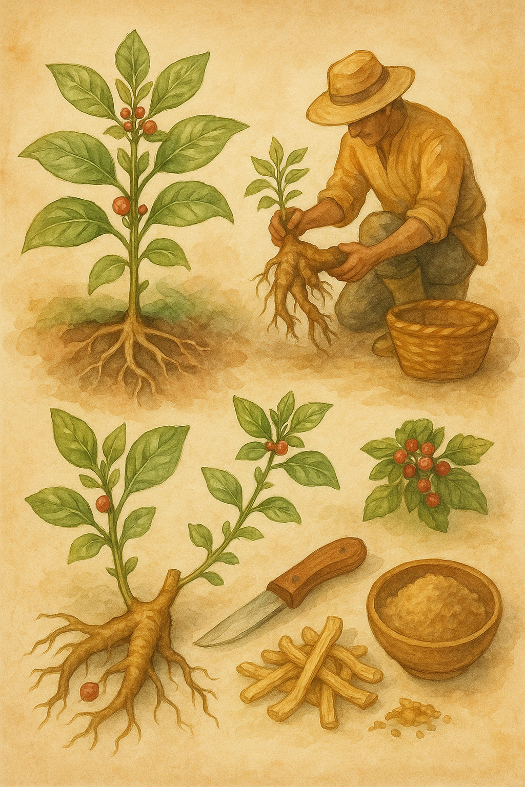 Watercolor painting of ashwagandha from ground to processing