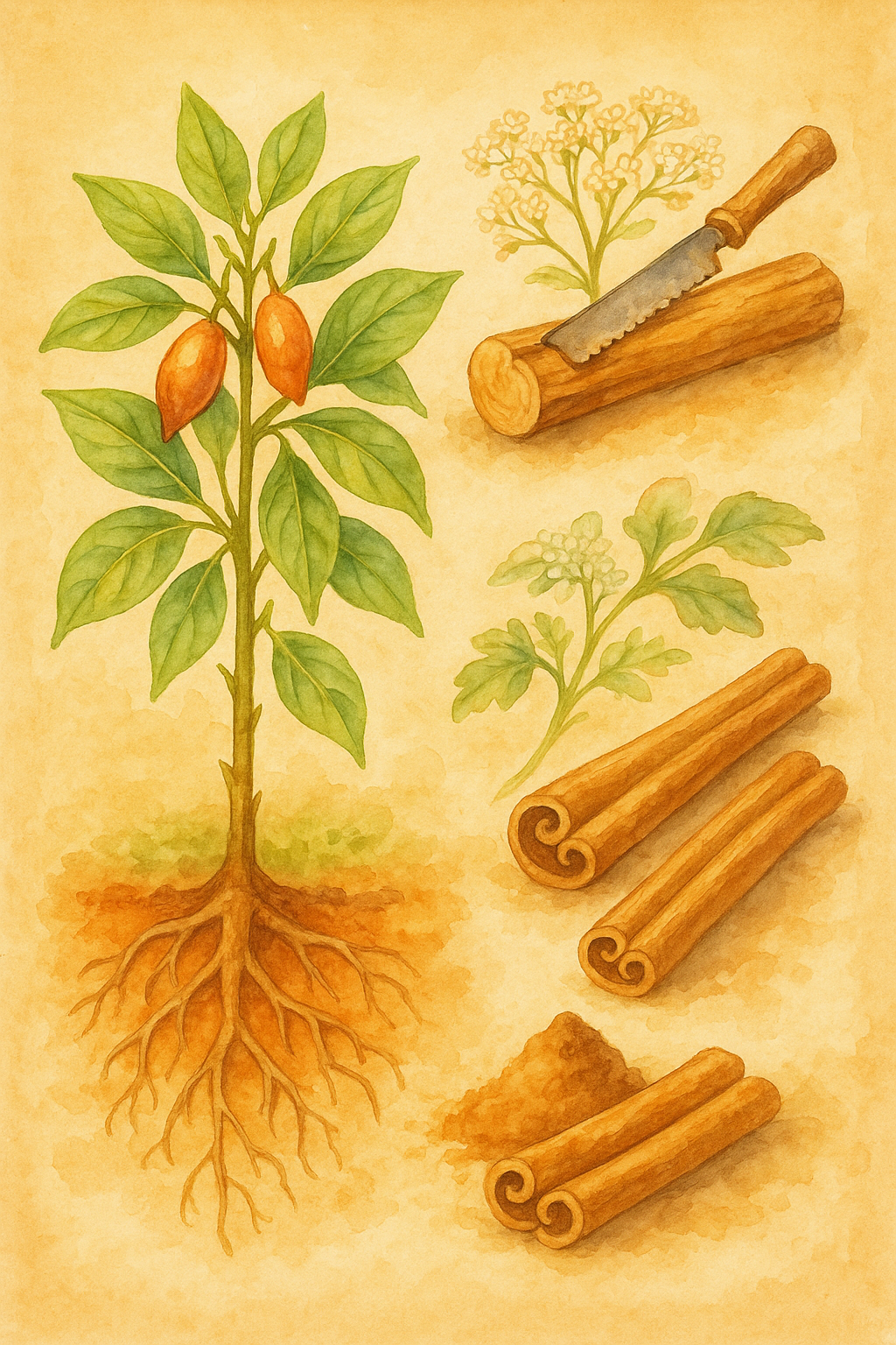 Watercolor painting of cinnamon from ground to processing