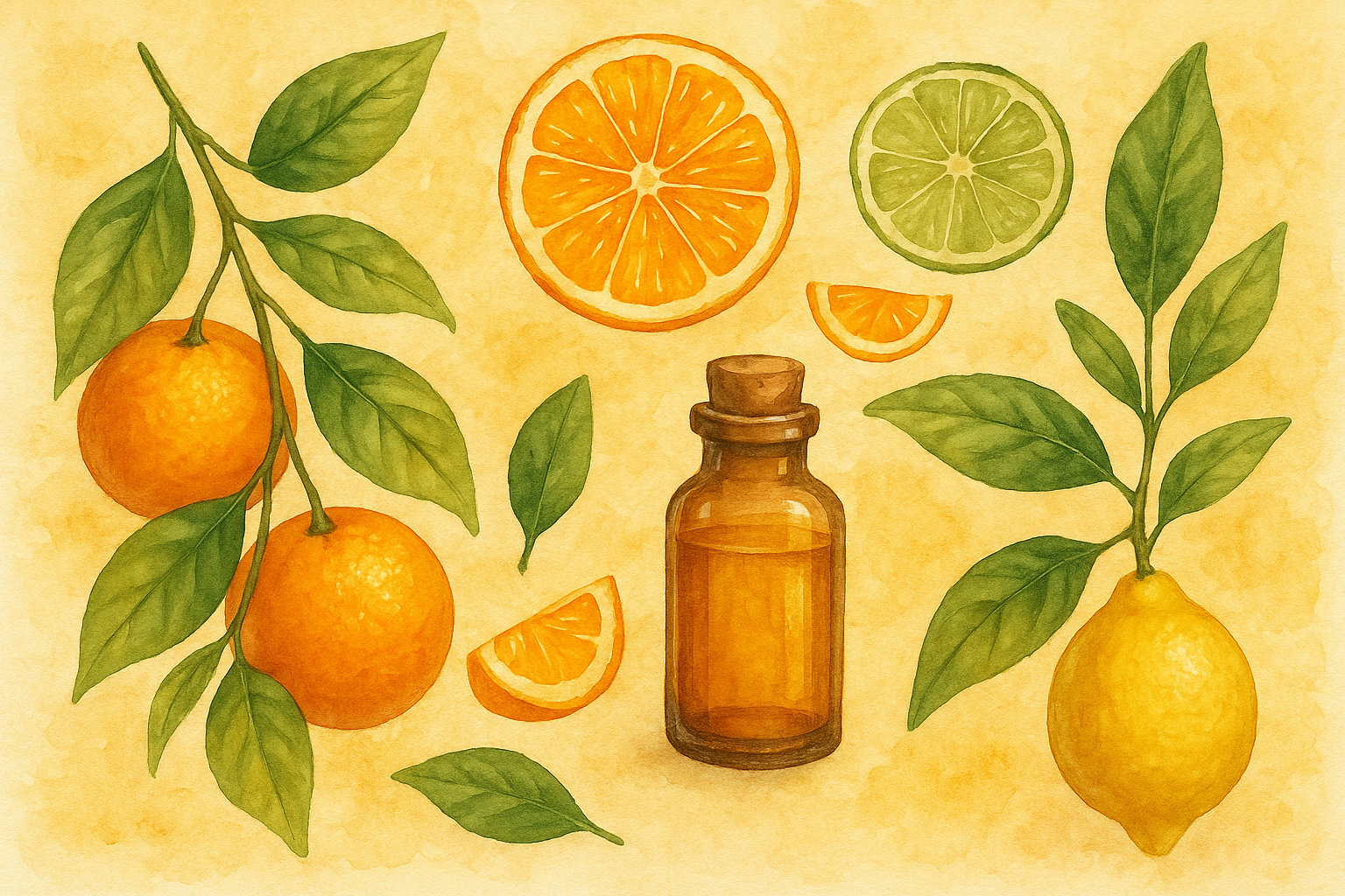 Watercolor painting of citrus from ground to processing