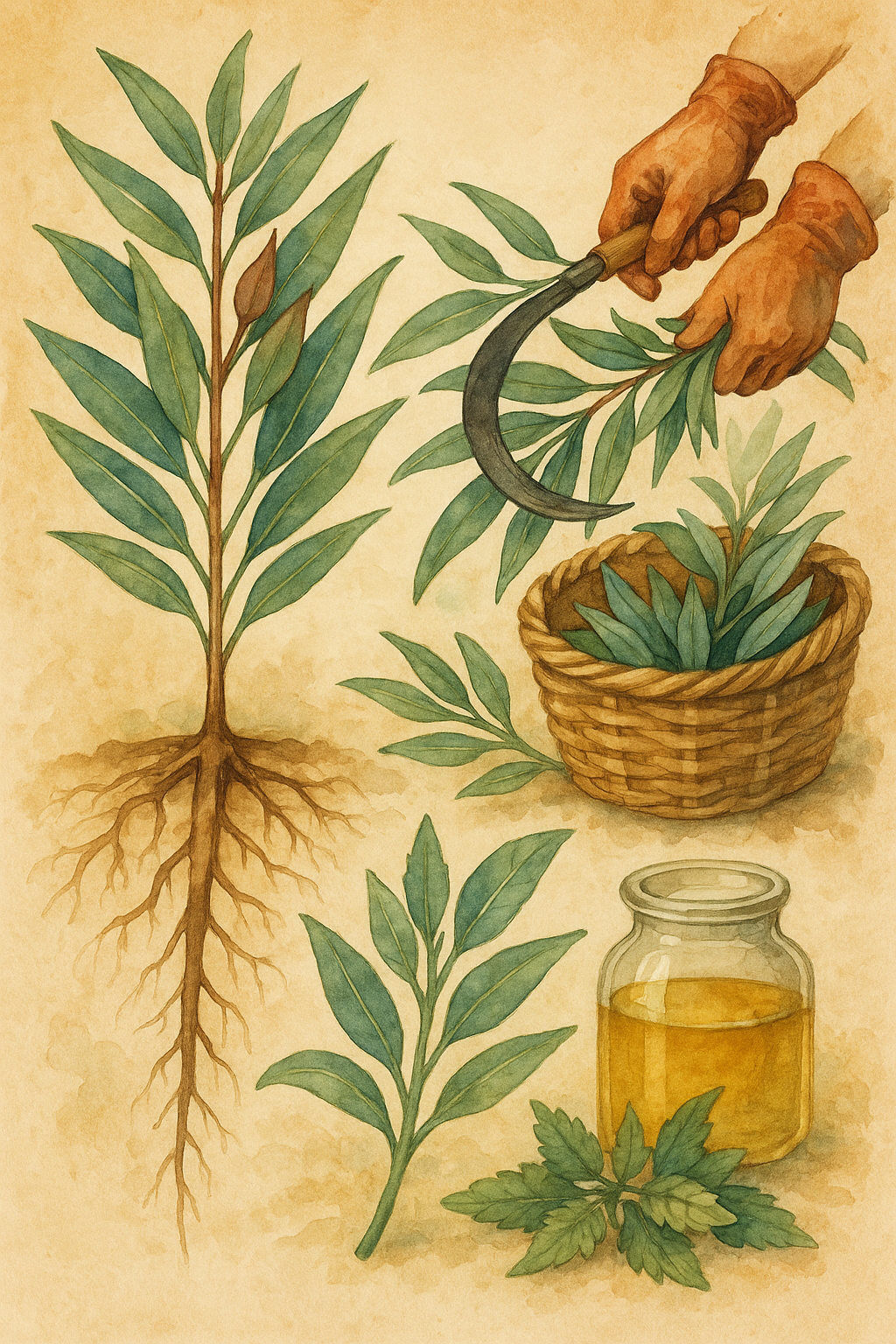 Watercolor painting of eucalyptus from ground to processing