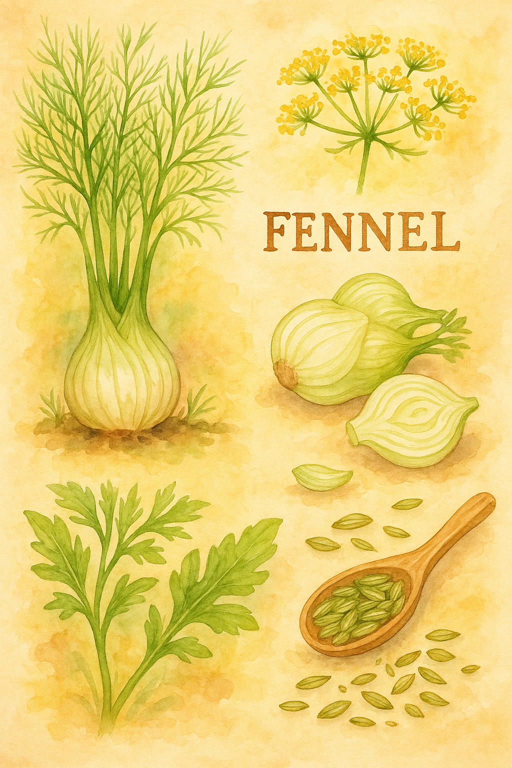Watercolor painting of fennel from ground to processing
