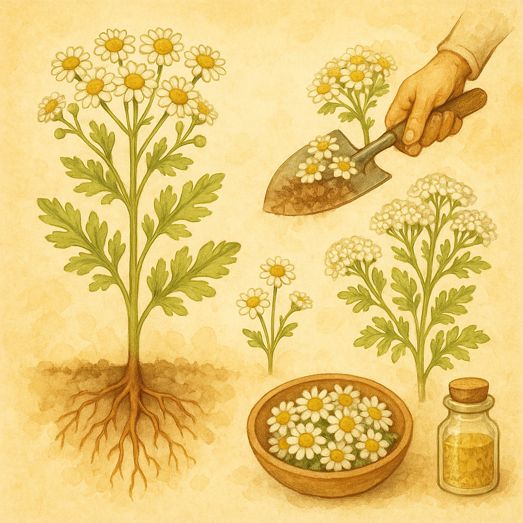 Watercolor painting of feverfew from ground to processing
