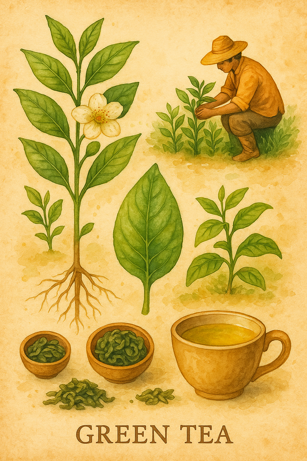 Watercolor painting of green tea from ground to processing