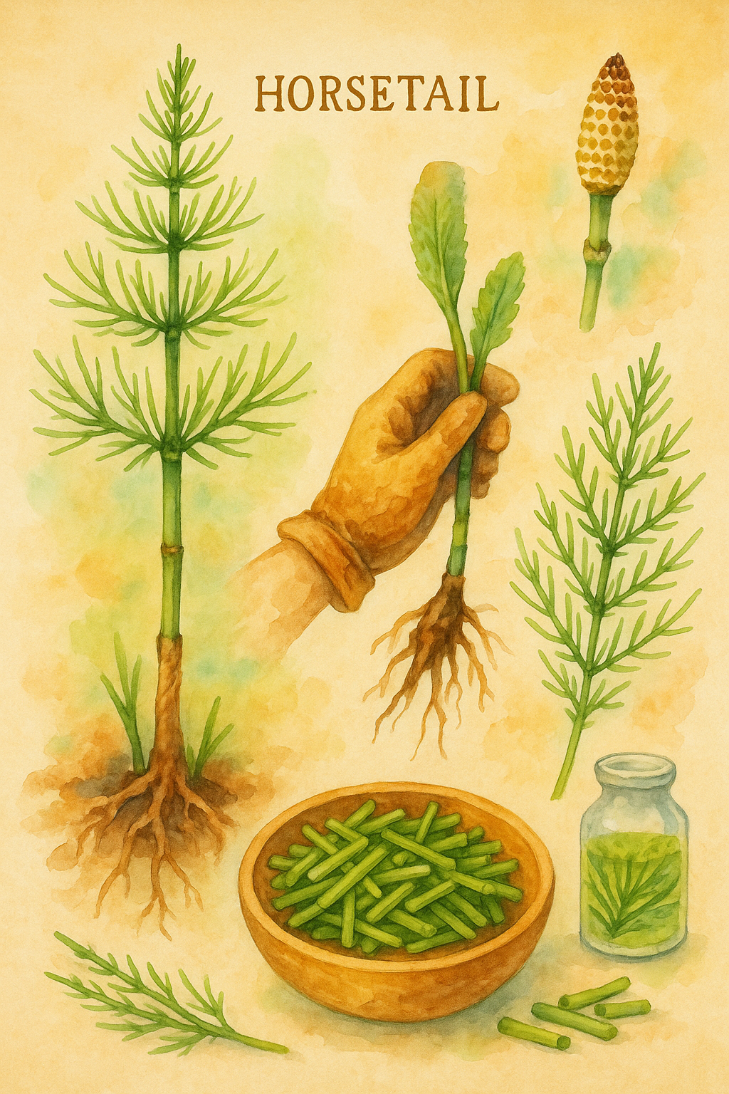 Watercolor painting of horsetail from ground to processing
