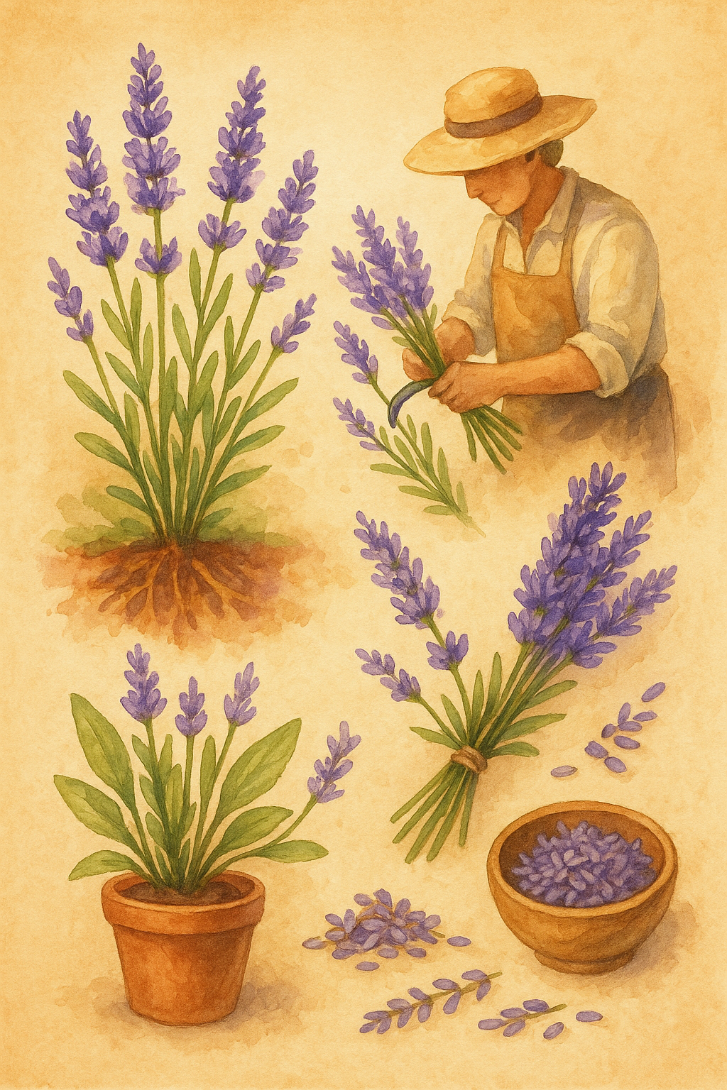Watercolor painting of lavender from ground to processing