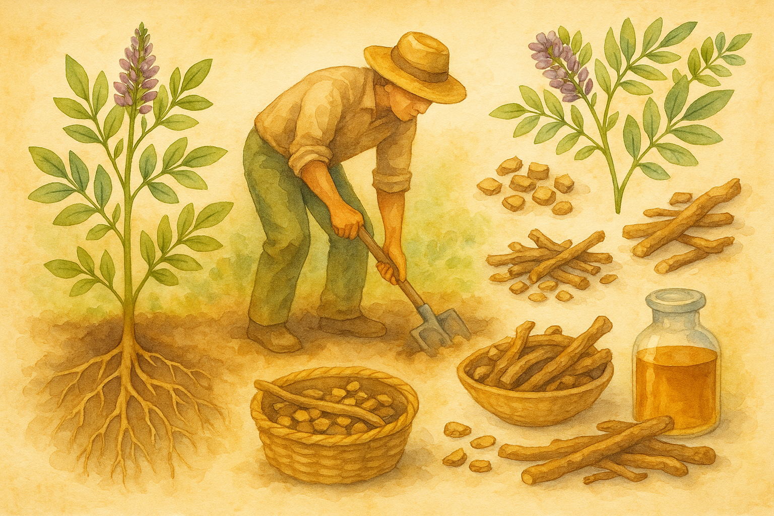 Watercolor painting of licorice root from ground to processing