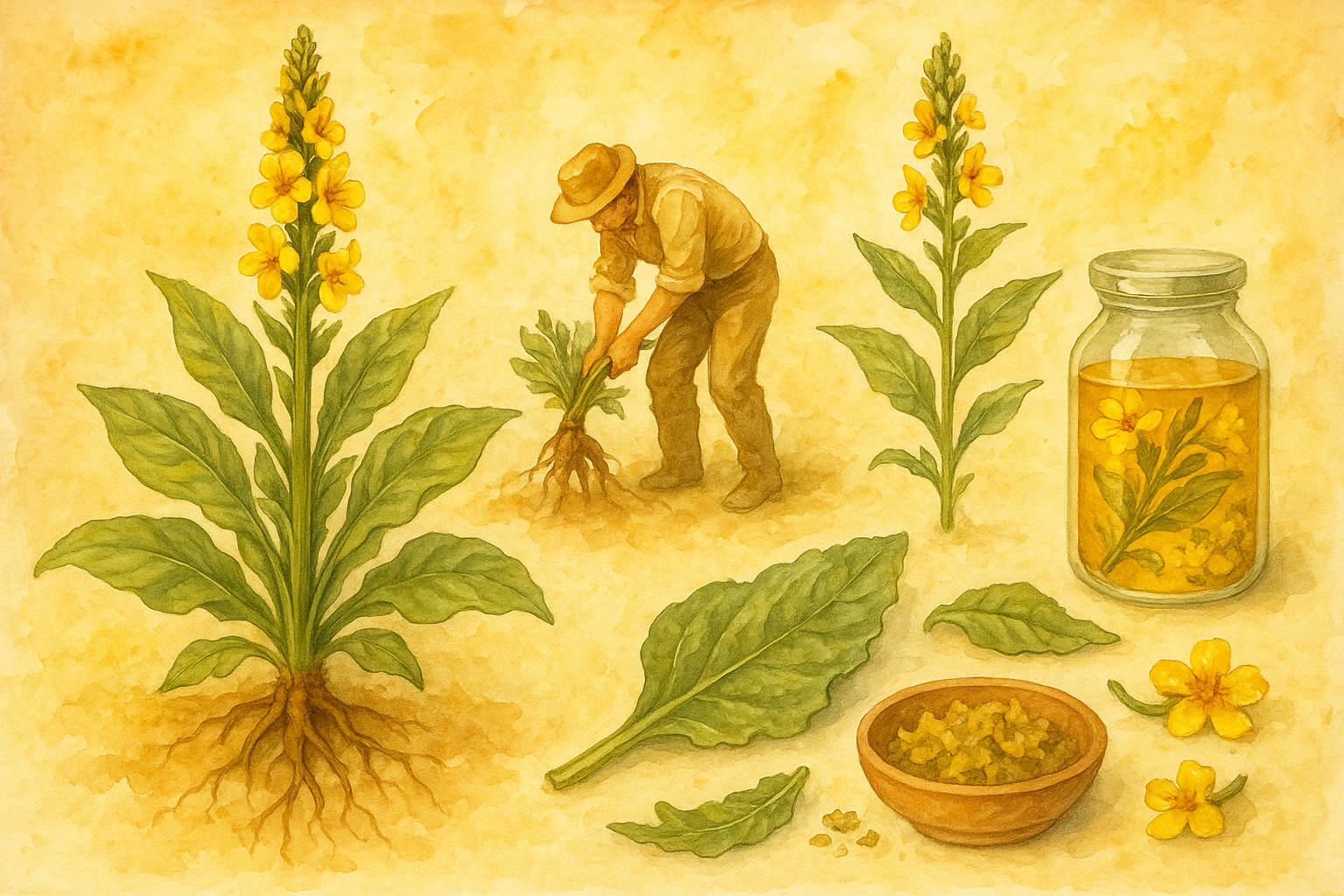 Watercolor painting of mullein from ground to processing