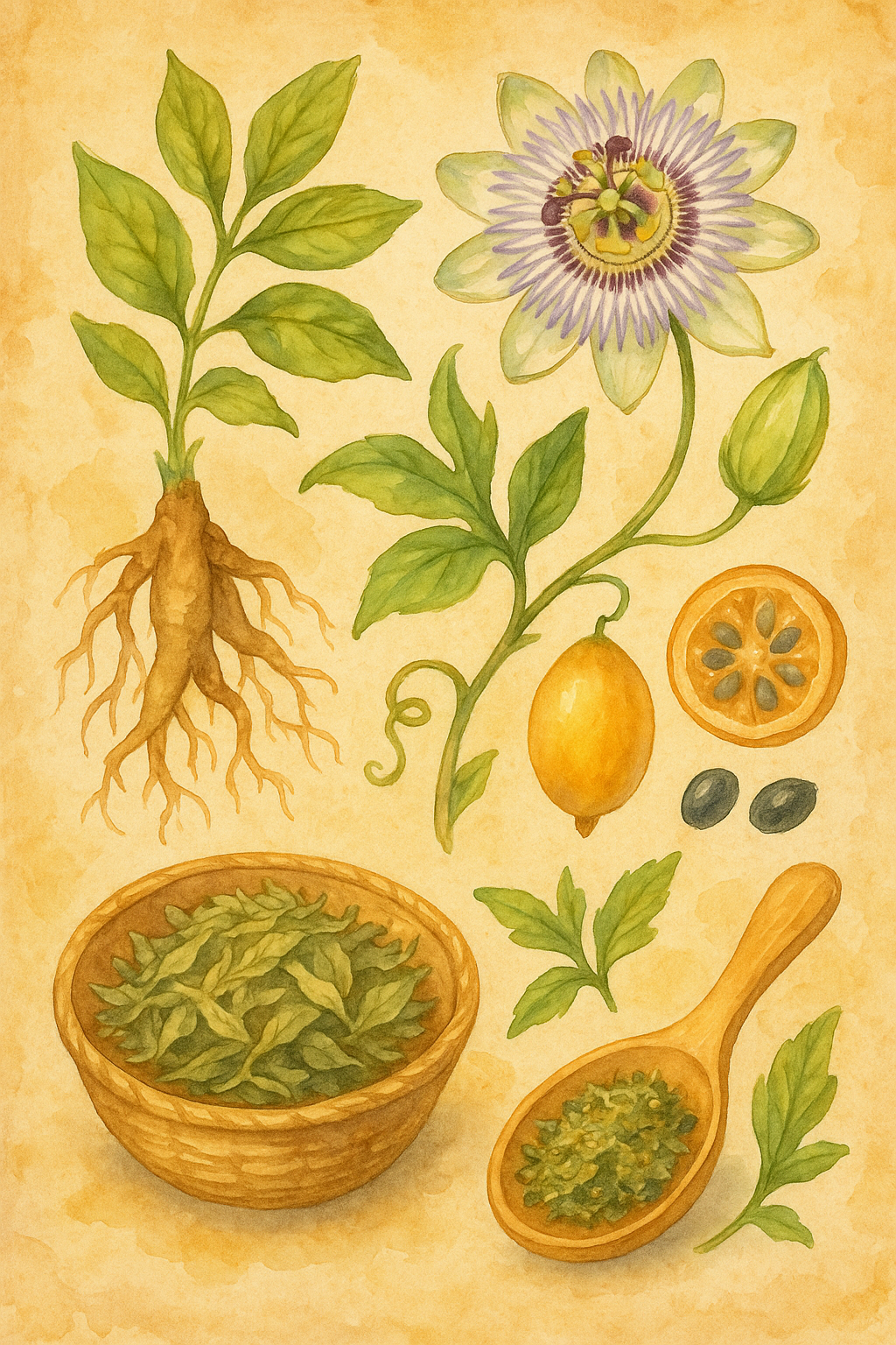 Watercolor painting of passionflower from ground to processing