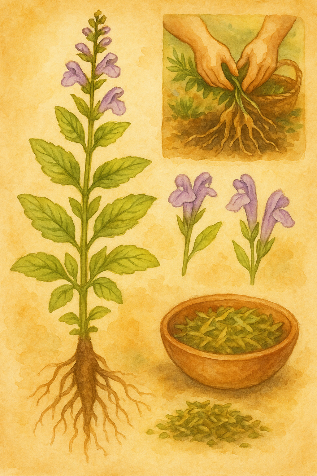Watercolor painting of skullcap from ground to processing