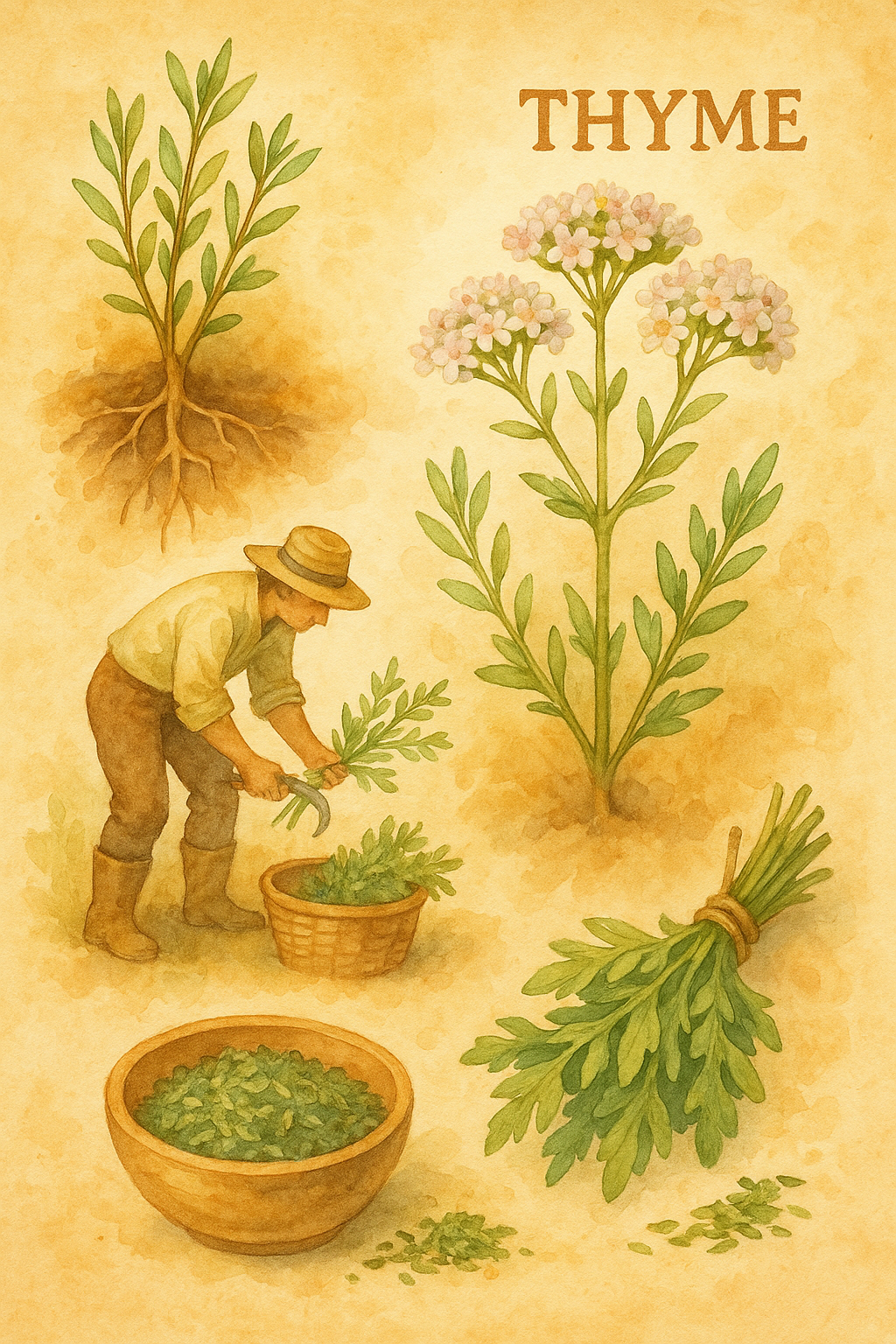 Watercolor painting of thyme from ground to processing